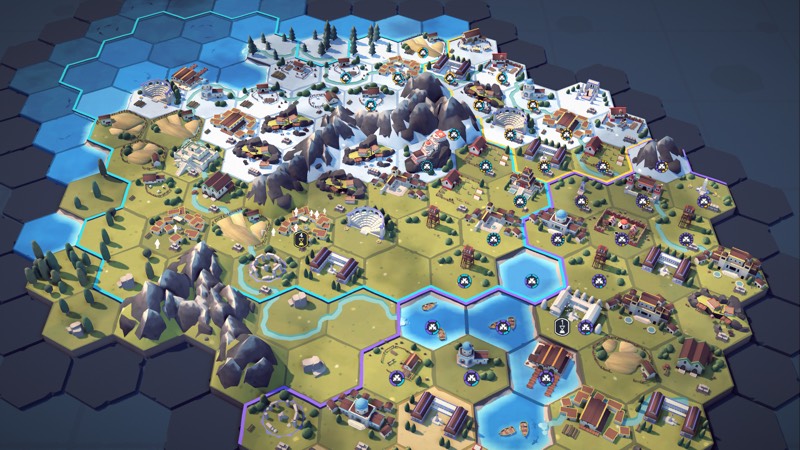 Island map seen from above with mountains, snow and coastal towns
