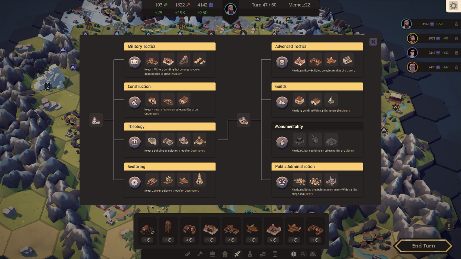 The research tree with military tactics, construction, theology and seafaring